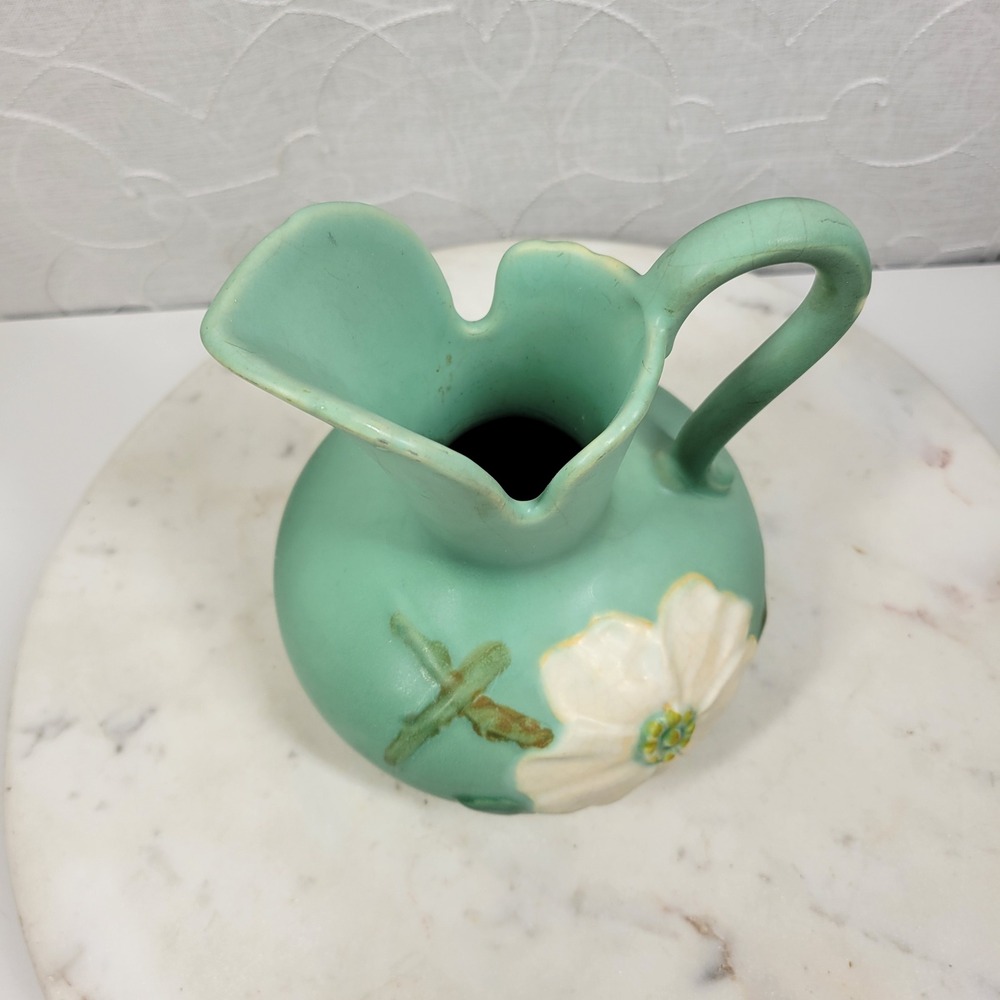 Vintage 1930s Weller Pottery Dogwood Pitcher Vase Aqua Blue Floral Art Deco - Picture 8 of 16